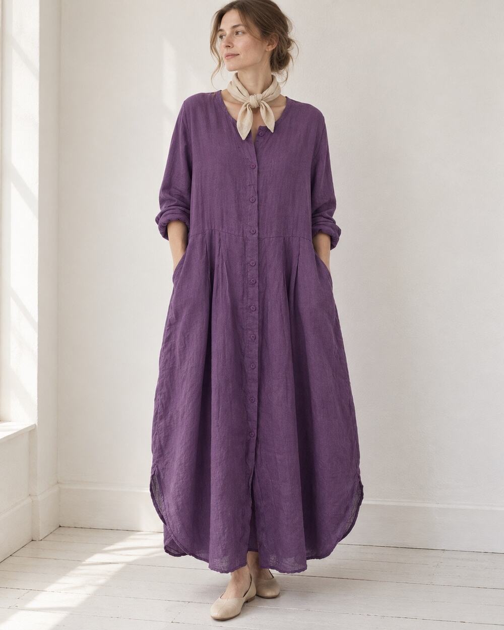 Vintage 90s FLAX by Jeanne Engelhart Purple Linen Maxi Dress Large Lagenlook